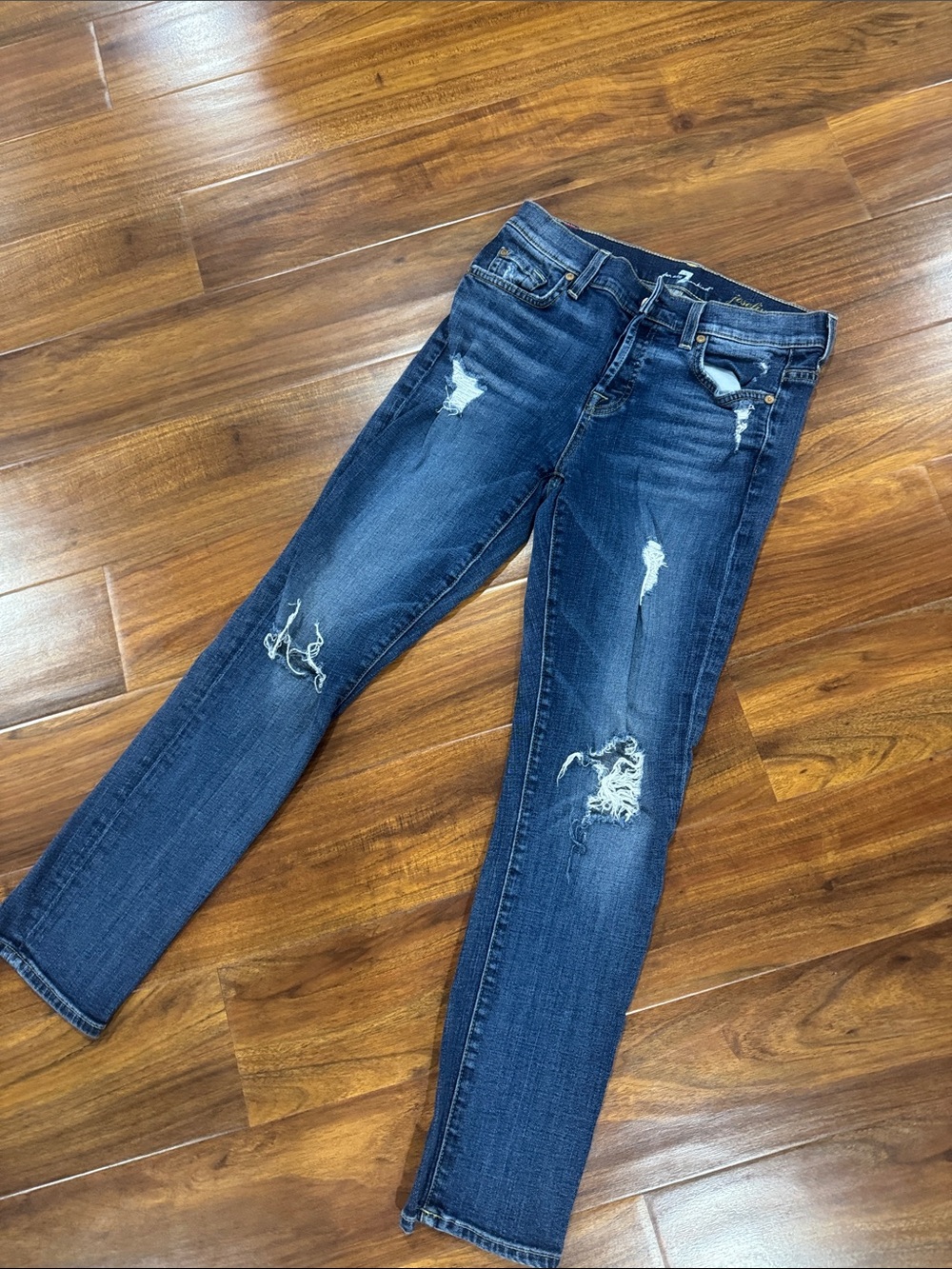 7 For All Mankind Distressed Skinny Jeans - Dark Blue